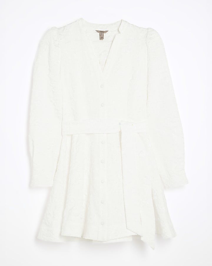 White Long Sleeve Jacquard Mini Shirt Dress