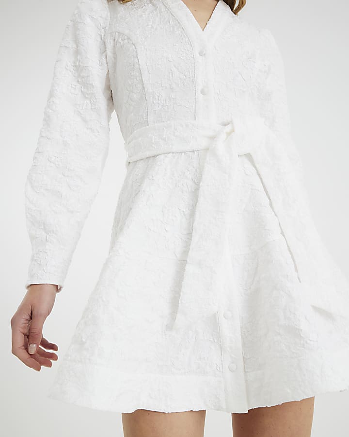 White Long Sleeve Jacquard Mini Shirt Dress