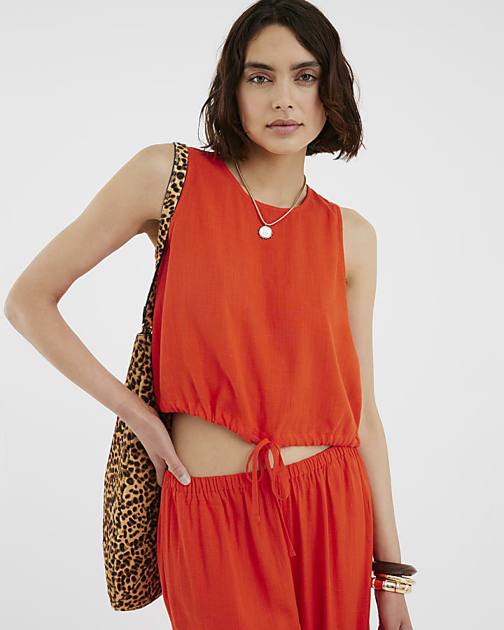Red Linen Blend Sleeveless Tank Top