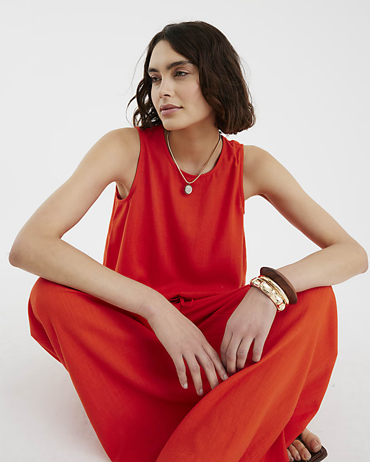 Red Linen Blend Sleeveless Tank Top