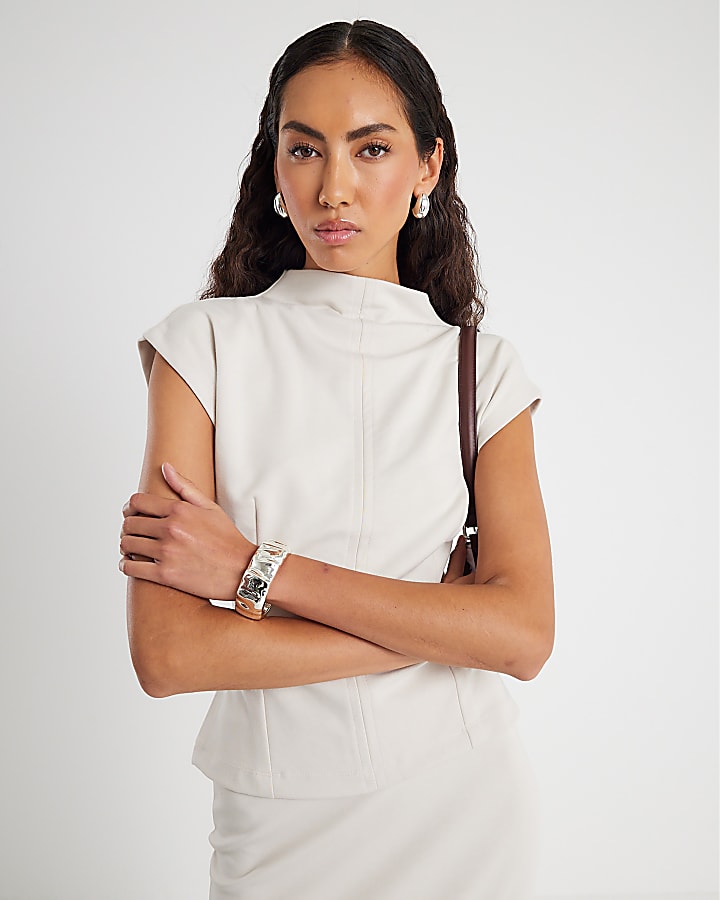Cream Premium High neck short sleeve Top