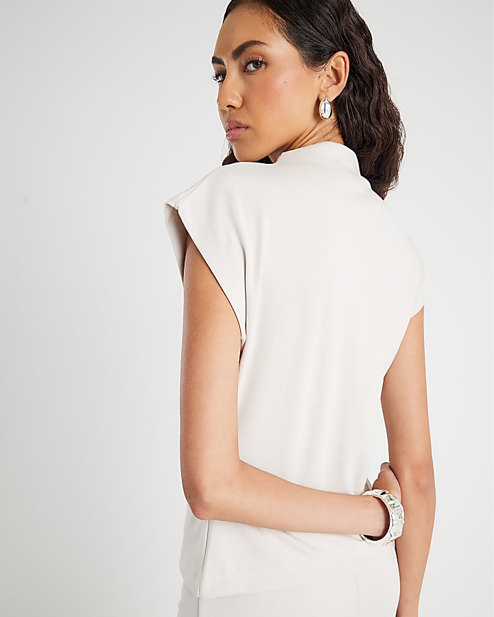 Cream Premium High neck short sleeve Top
