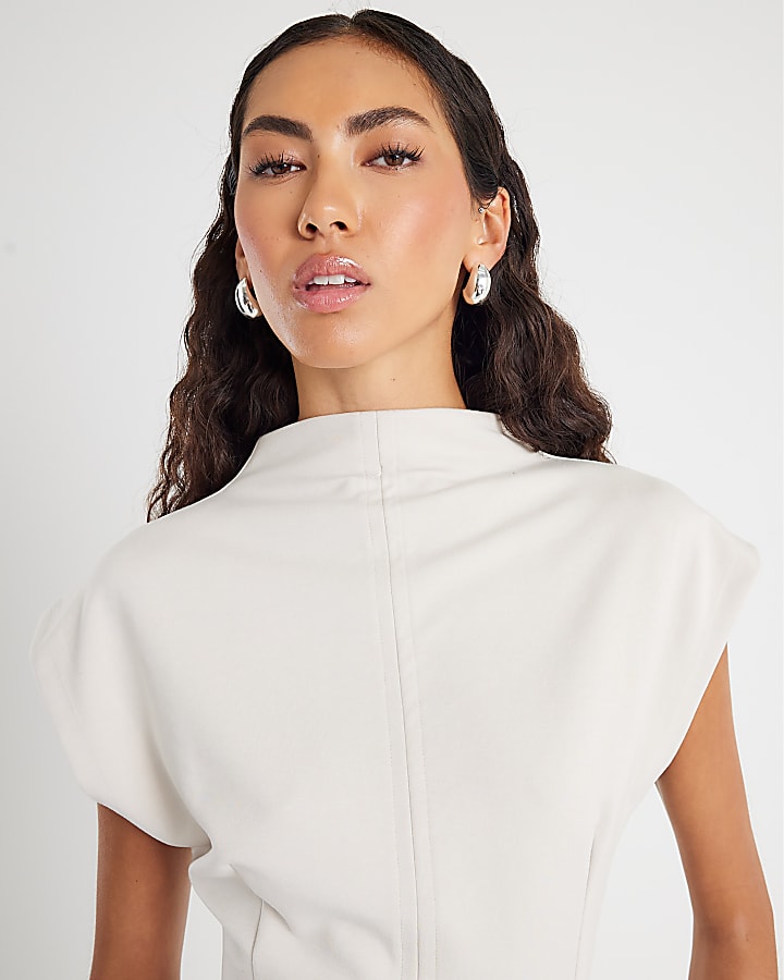 Cream Premium High neck short sleeve Top