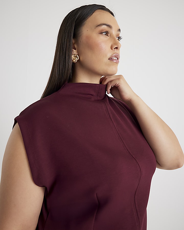 Red Premium High Neck Short Sleeve Top