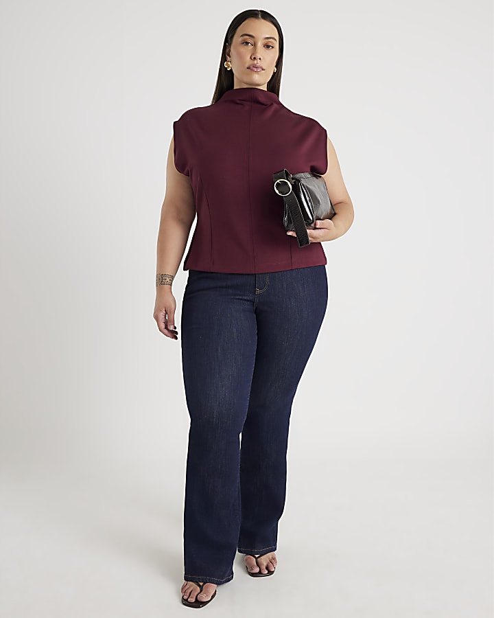 Red Premium High Neck Short Sleeve Top
