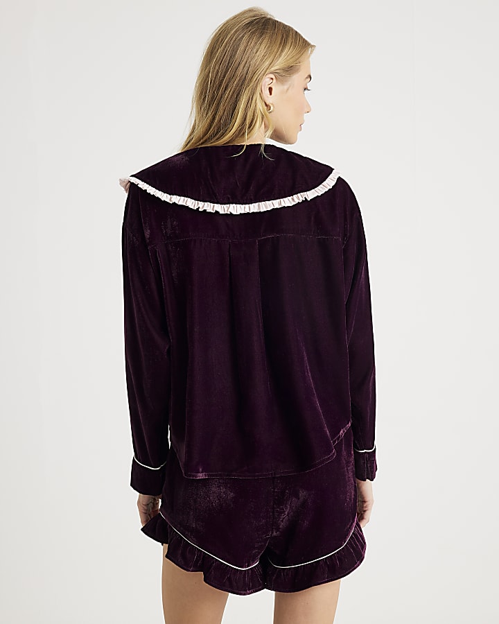 Purple Frill Collar Velvet Pyjama Set