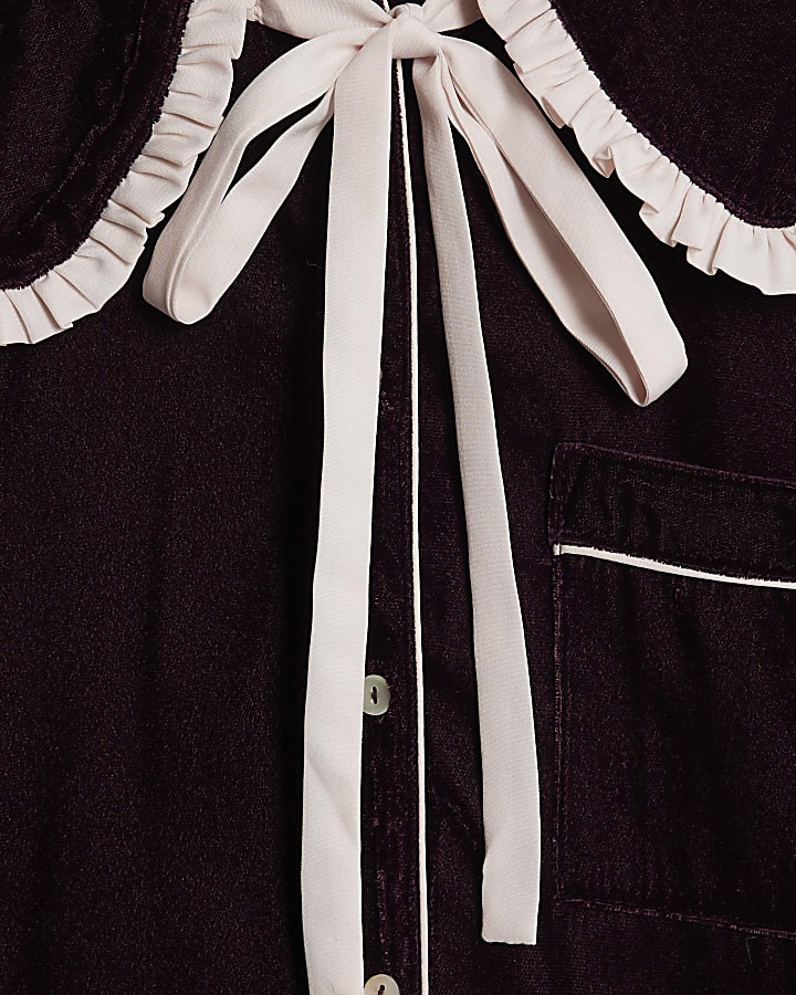 Purple Frill Collar Velvet Pyjama Set