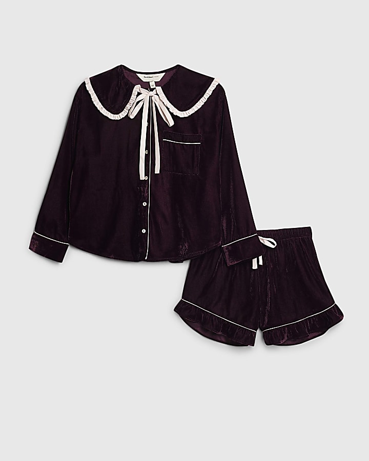 Purple Frill Collar Velvet Pyjama Set