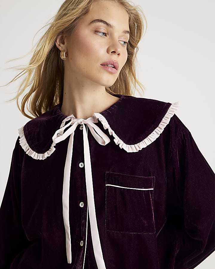 Purple Frill Collar Velvet Pyjama Set