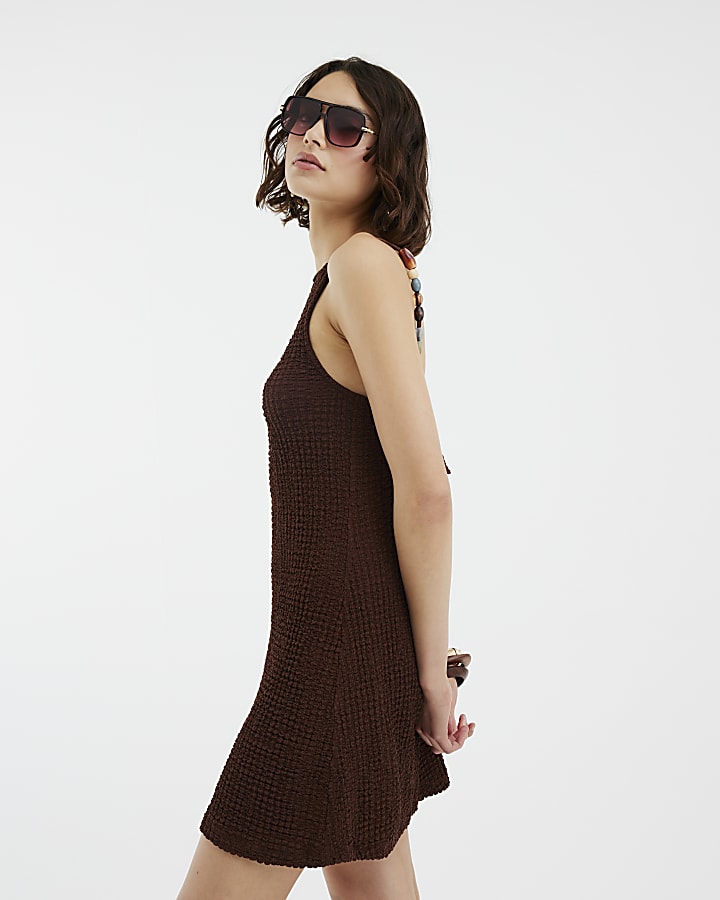 Brown Sleeveless Waffle Texture Mini Dress