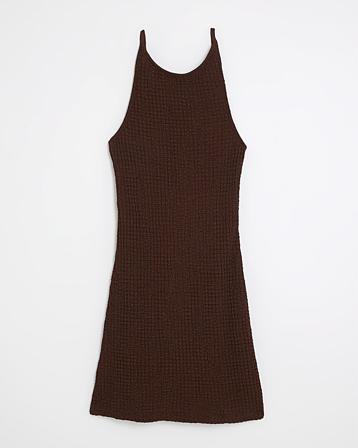 Brown Sleeveless Waffle Texture Mini Dress
