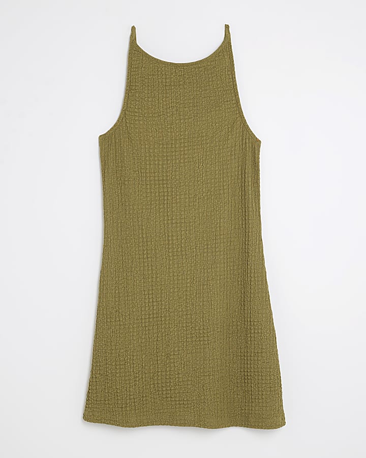 Green Beaded Strap Textured Mini Dress