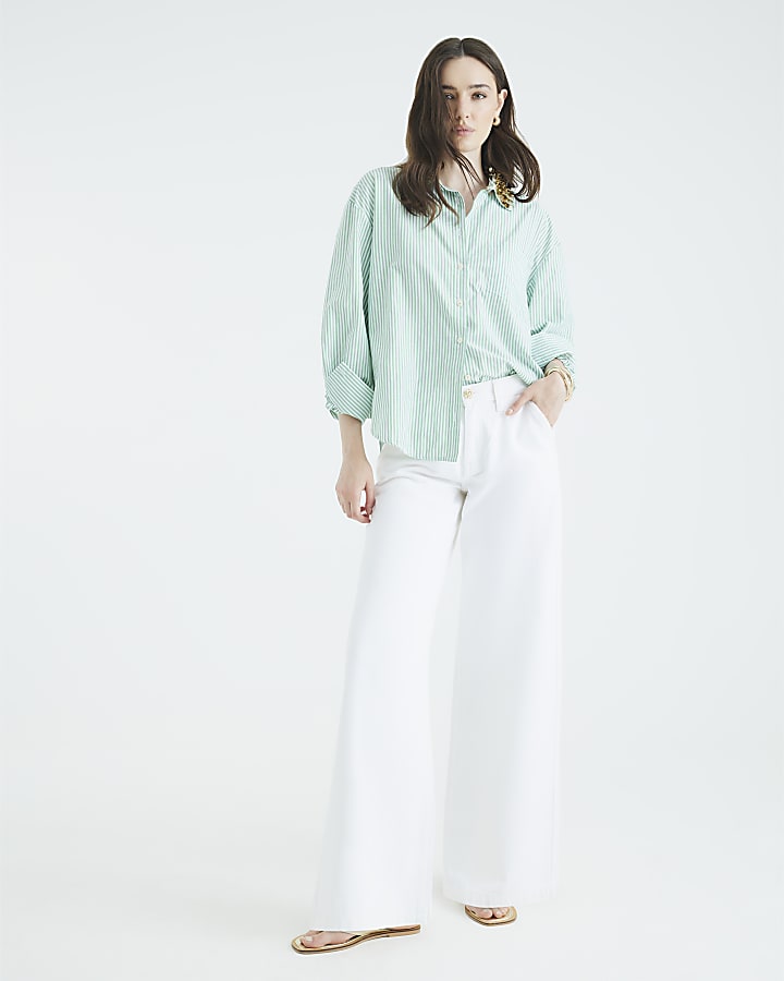 Green Stripe Embellished Collar Shirt