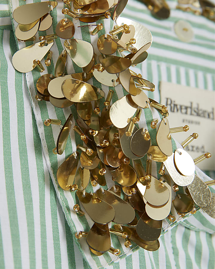 Green Stripe Embellished Collar Shirt
