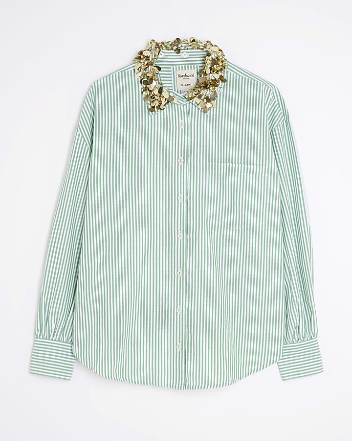 Green Stripe Embellished Collar Shirt