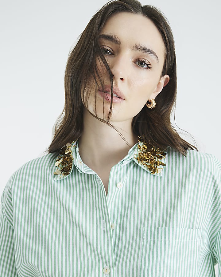 Green Stripe Embellished Collar Shirt