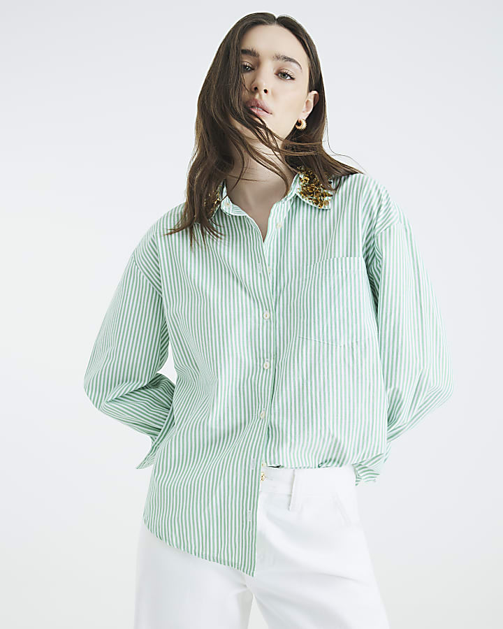 Green Stripe Embellished Collar Shirt