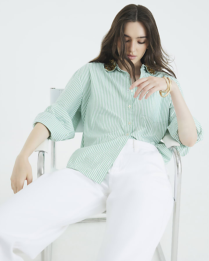 Green Stripe Embellished Collar Shirt
