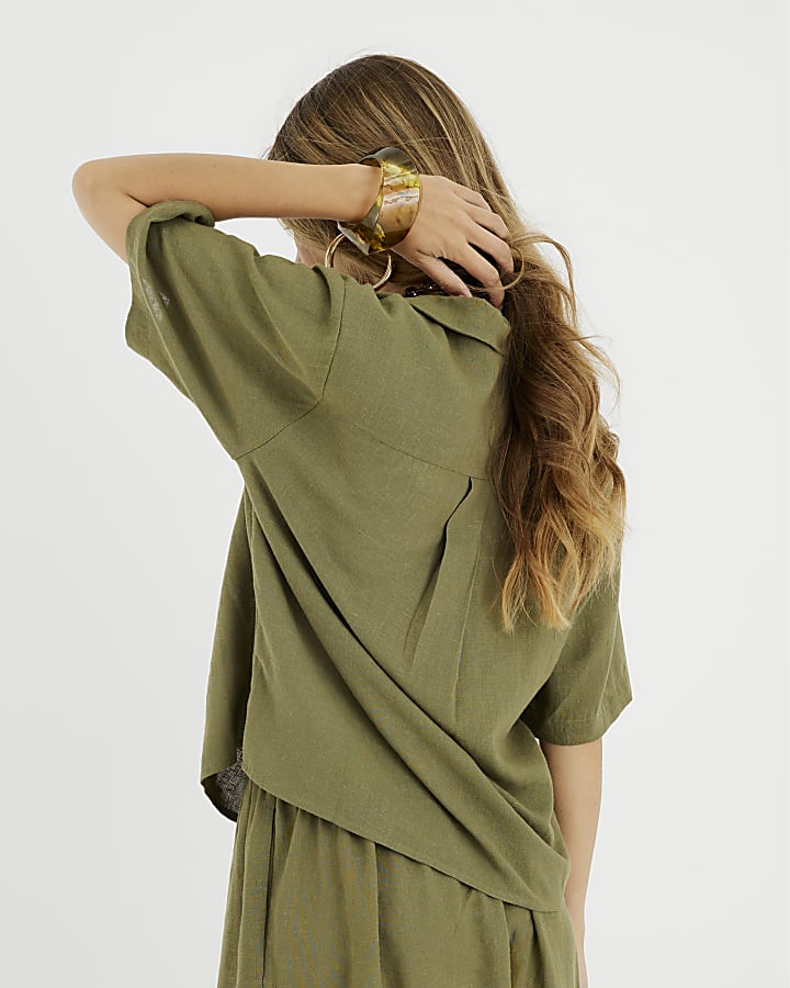 Khaki Boxy Fit Linen Blend Shirt