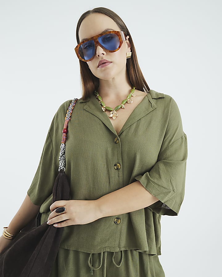 Khaki Boxy Fit Linen Blend Shirt
