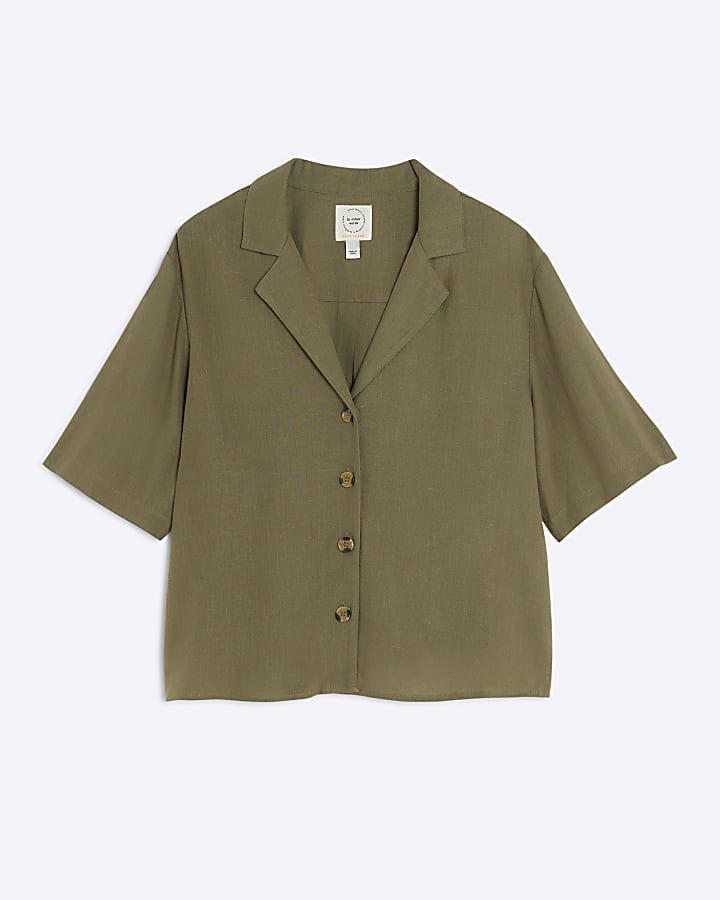 Khaki Boxy Fit Linen Blend Shirt