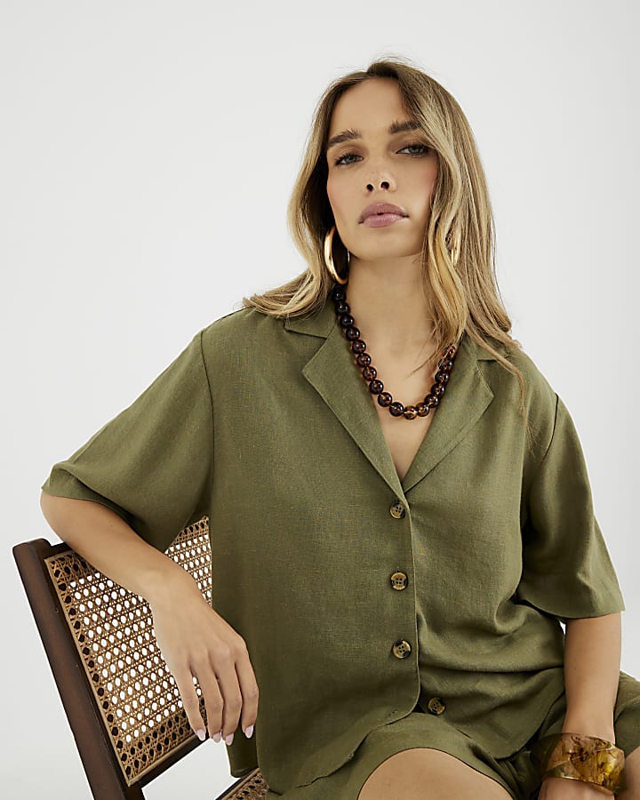 Khaki Boxy Fit Linen Blend Shirt