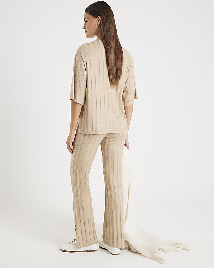 Beige Ribbed Button Detail Lounge Set