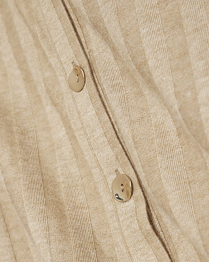 Beige Ribbed Button Detail Lounge Set