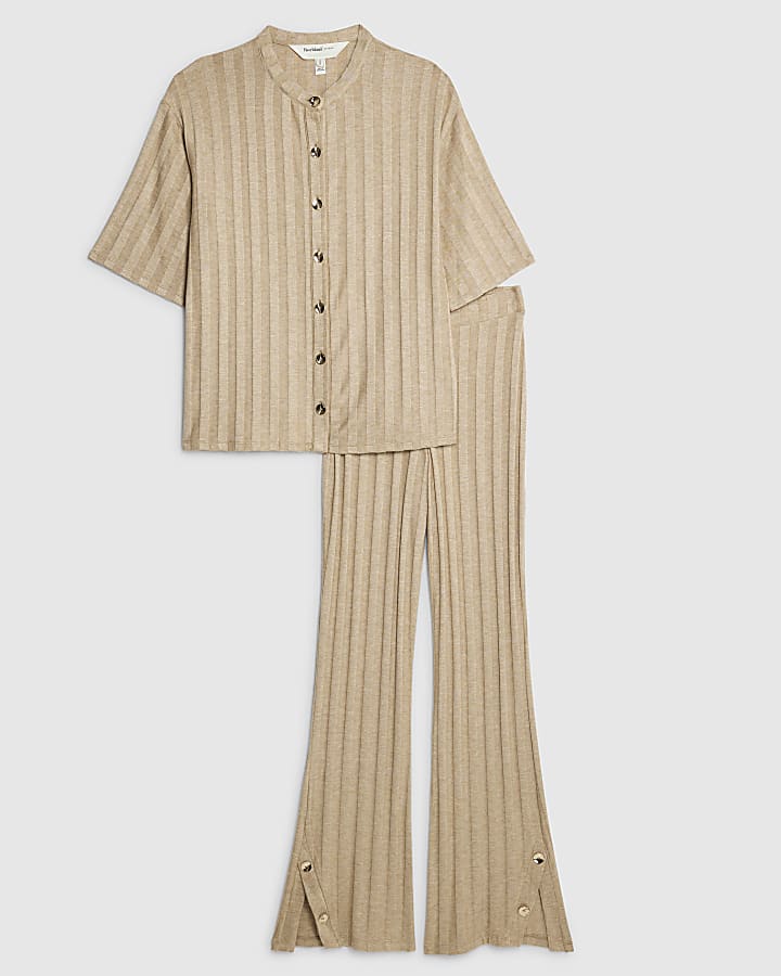 Beige Ribbed Button Detail Lounge Set