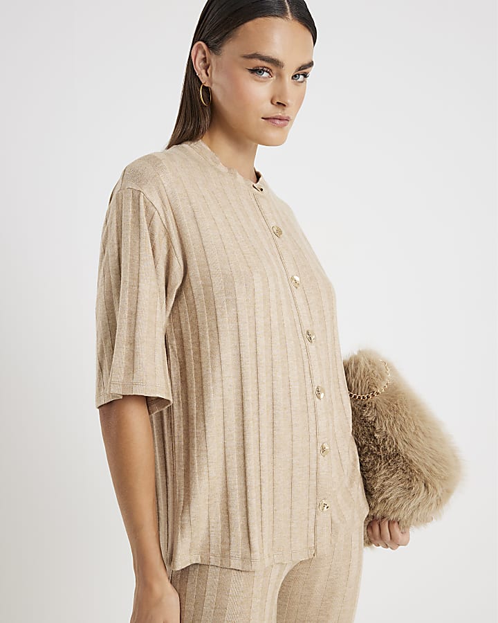 Beige Ribbed Button Detail Lounge Set