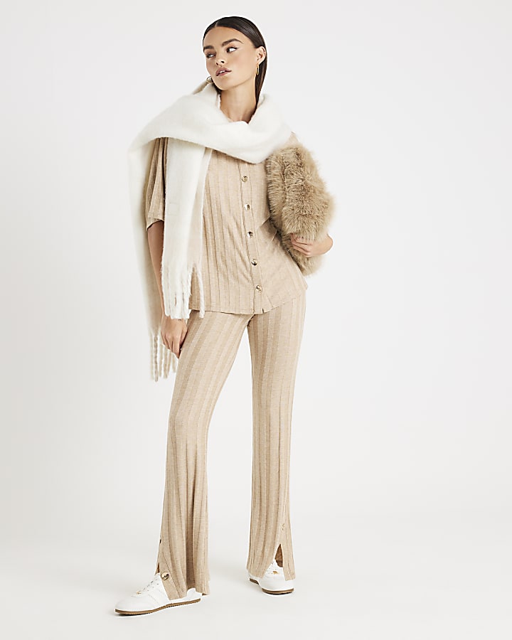 Beige Ribbed Button Detail Lounge Set