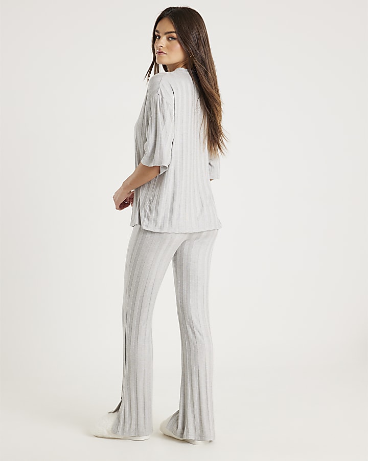 Grey Ribbed Button Detail Lounge Set
