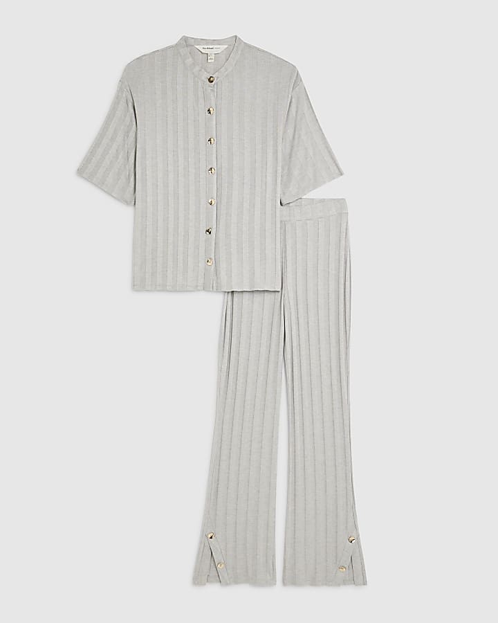 Grey Ribbed Button Detail Lounge Set