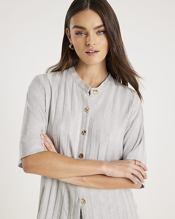 Grey Ribbed Button Detail Lounge Set