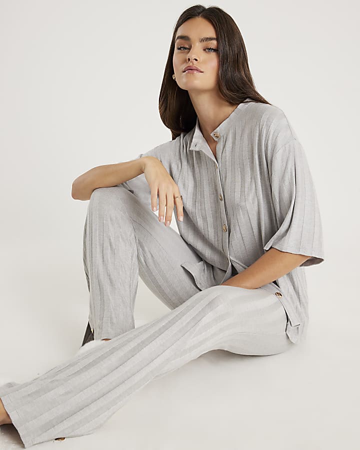 Grey Ribbed Button Detail Lounge Set