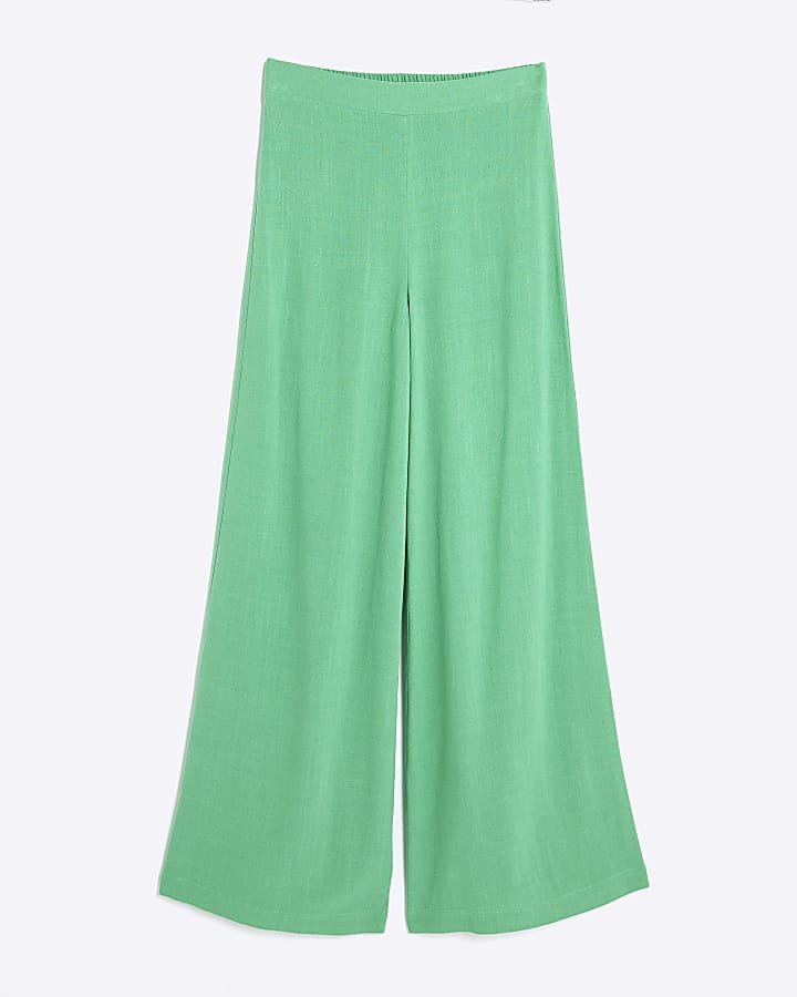 Green Linen Blend Wide Leg Trousers