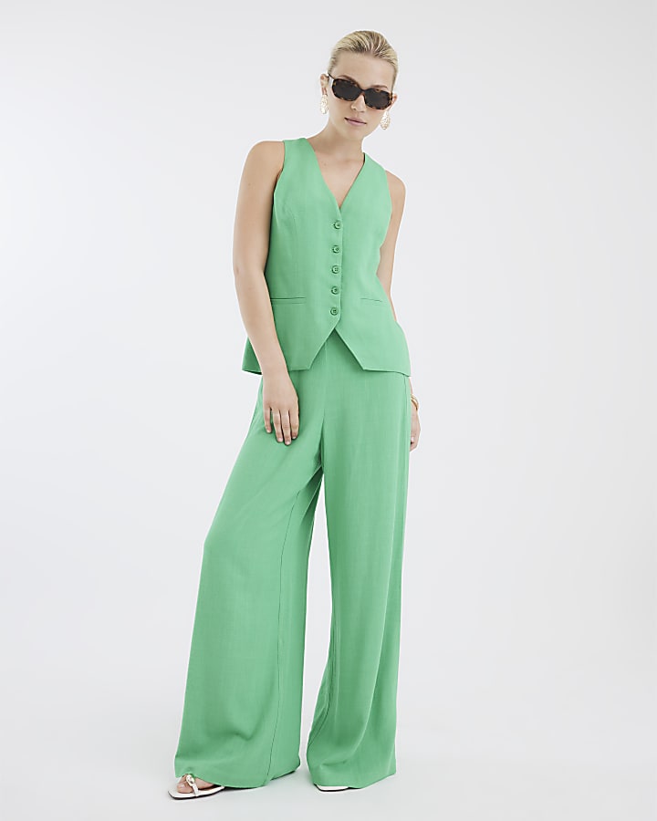 Green Linen Blend Wide Leg Trousers