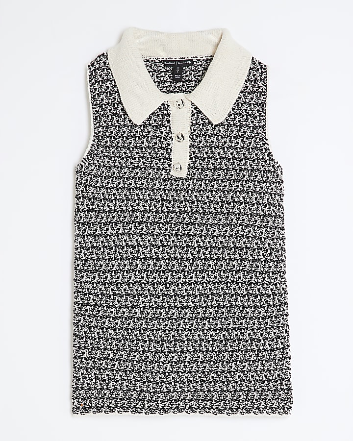 Black Sleeveless Boucle Polo Shirt
