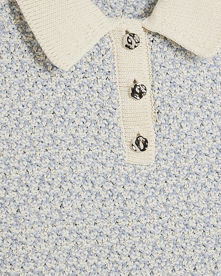 Blue Sleeveless Boucle Polo Top