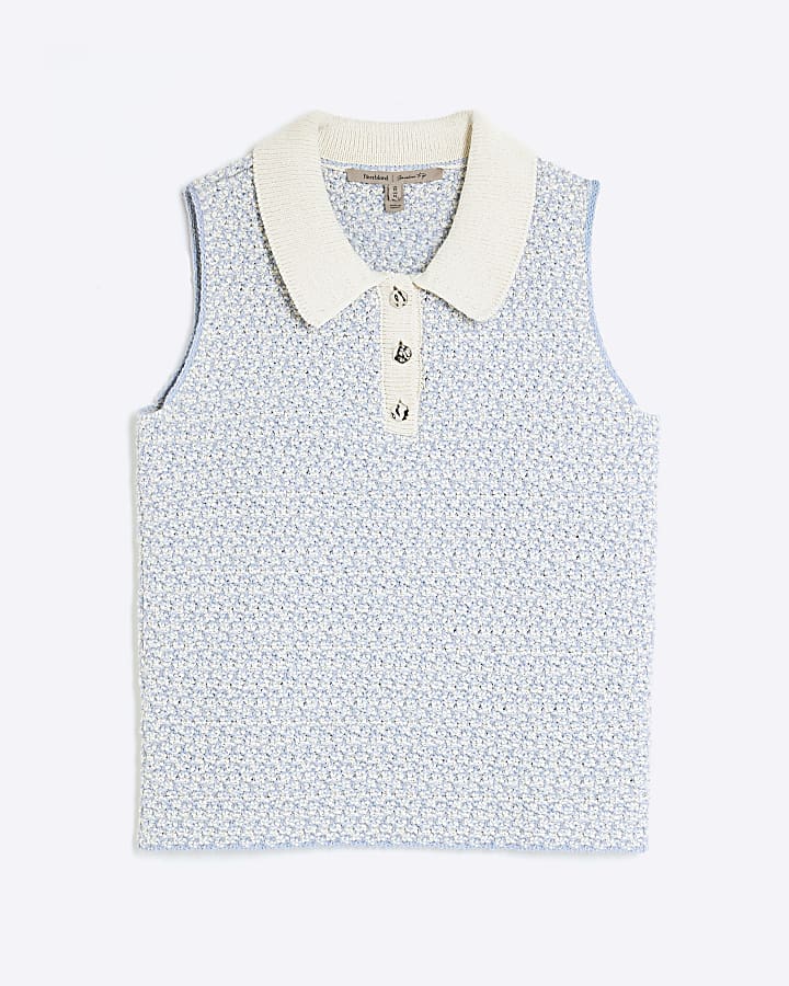 Blue Sleeveless Boucle Polo Top