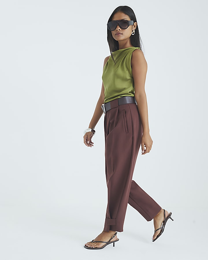 Petite Brown Belted Barrel Leg Trousers