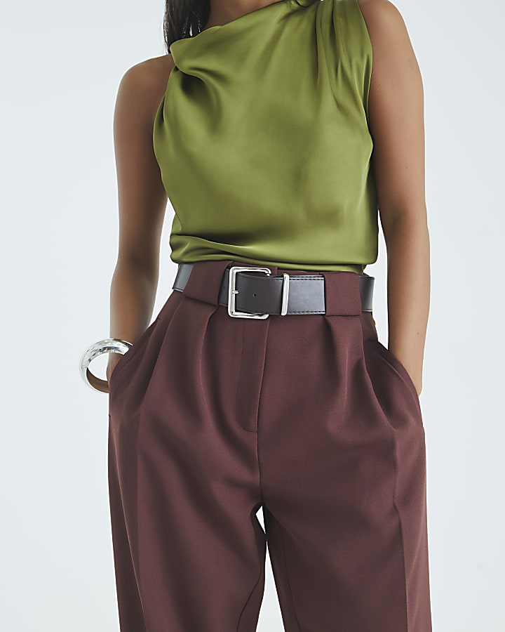 Petite Brown Belted Barrel Leg Trousers