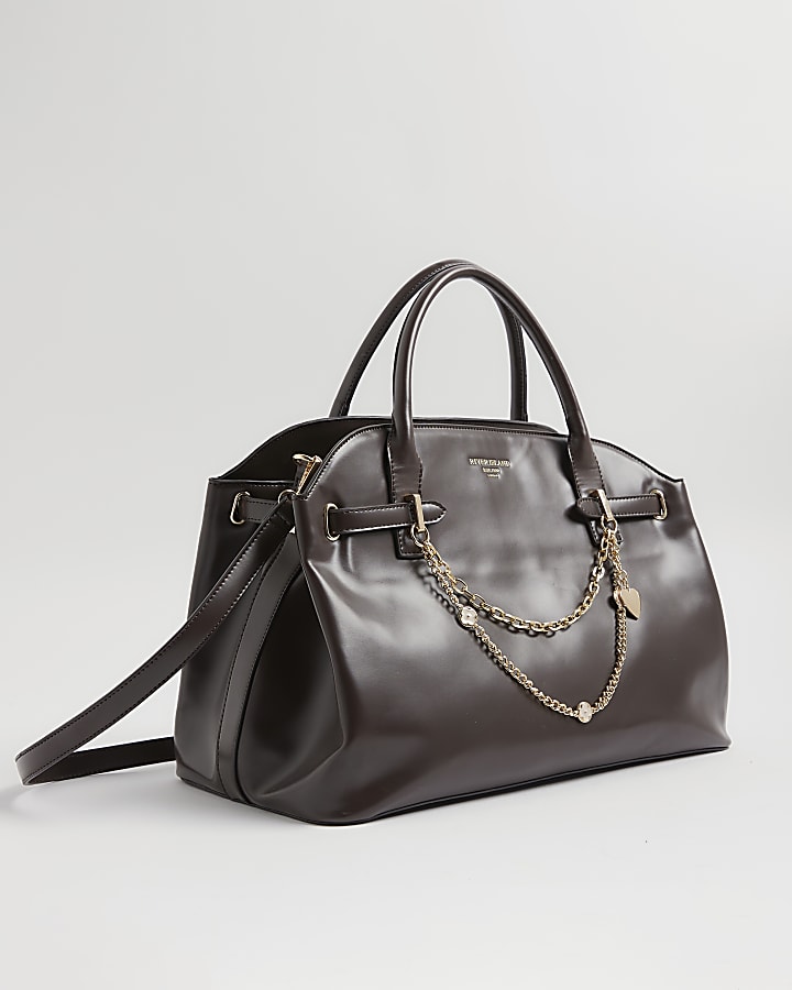 Brown Curve Top Charm Tote Bag