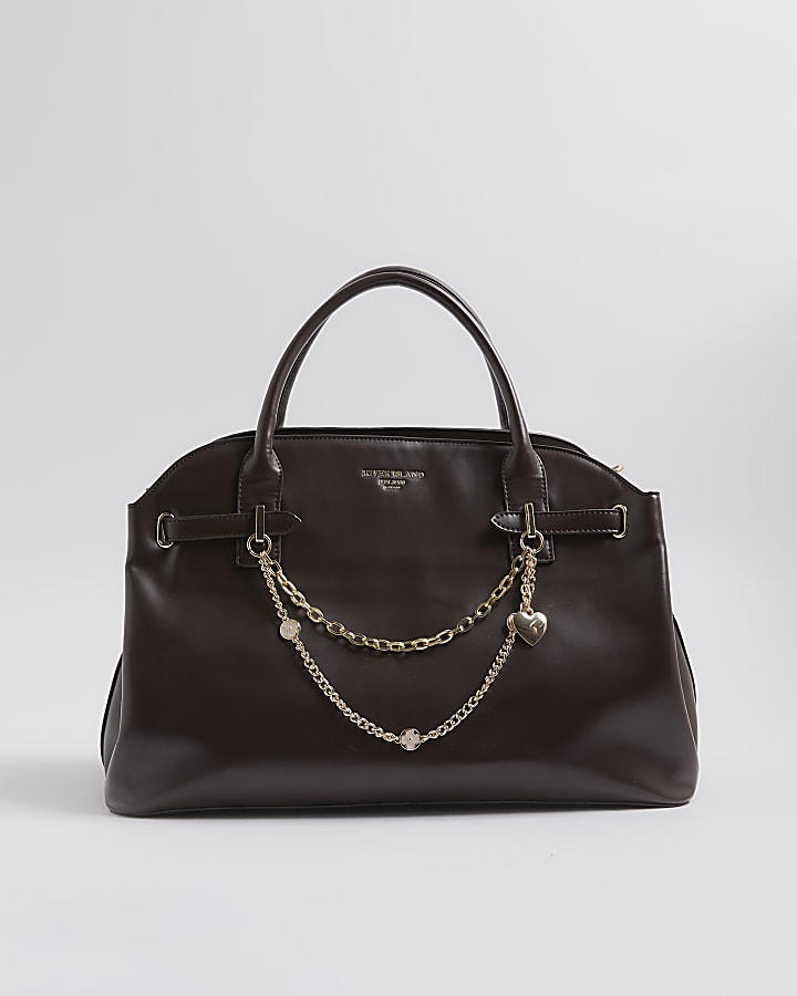 Brown Curve Top Charm Tote Bag