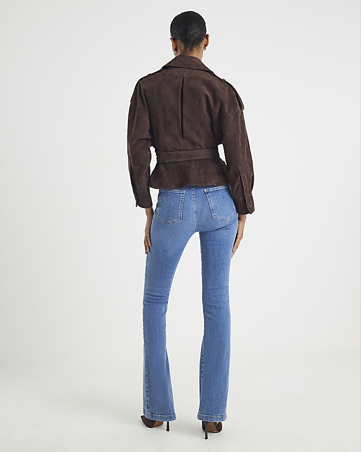 Blue High Rise Pull On Flared Jeans