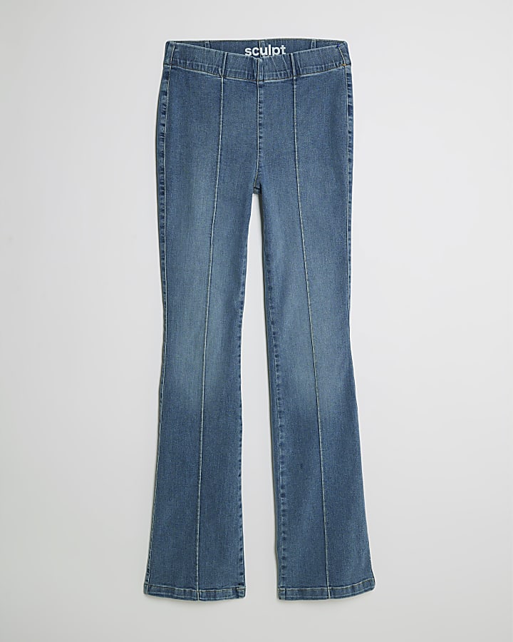 Blue High Rise Pull On Flared Jeans