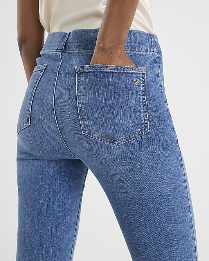 Blue High Rise Pull On Flared Jeans