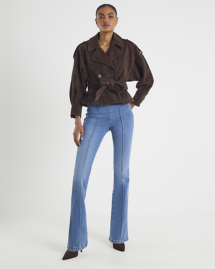 Blue High Rise Pull On Flared Jeans
