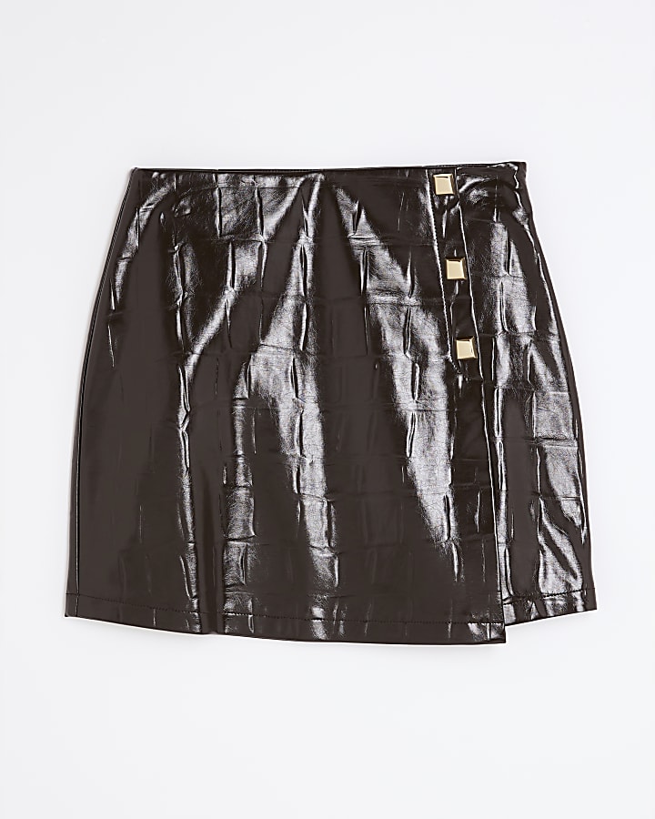 Brown Croc Print Wrap Mini Skirt