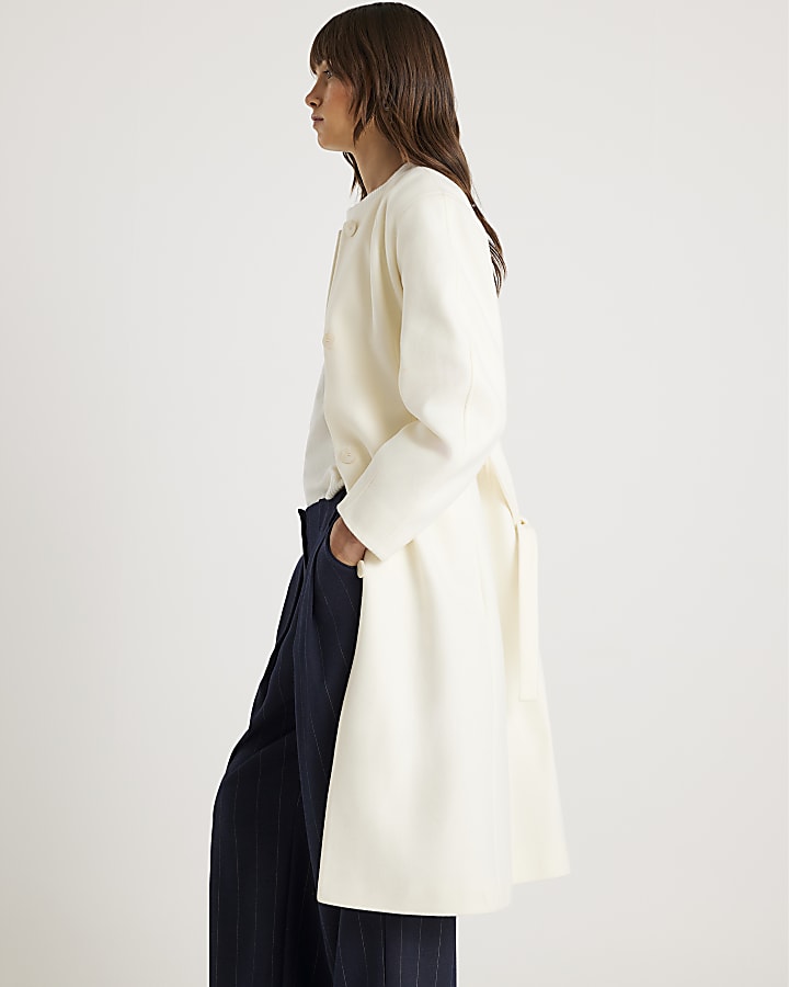 Cream Longline Belted Coat